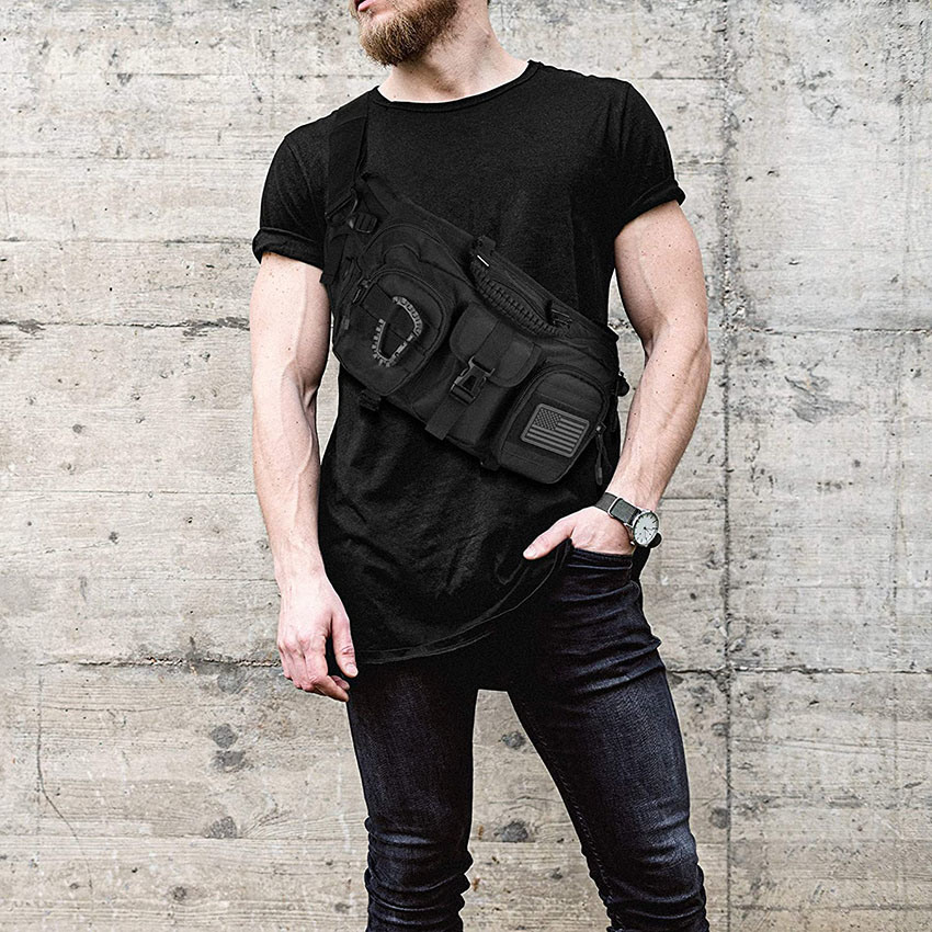 Military Style Large Tactical Sling Bag for Men. Made From Heavy Duty Techwear Fabric & Built Tough for Outdoor. Also Use as EDC Backpack, Fanny Waist Pack Bag