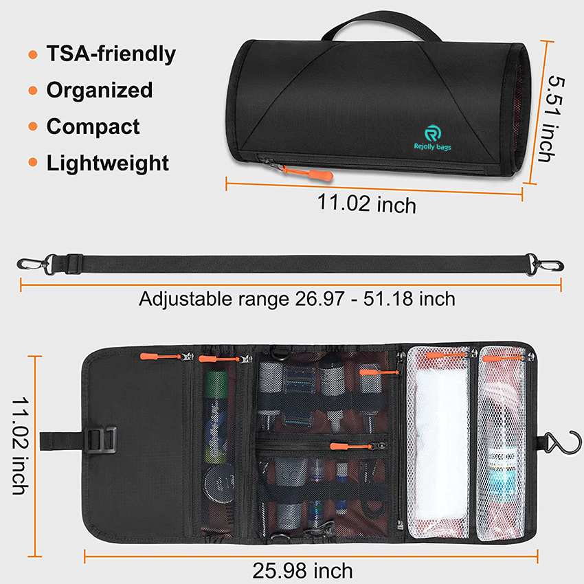 Hanging Travel Toiletry Bag with Hook and Shoulder Strap, Roll up Bathroom Shaving Bag Toiletries Organizer Kit for Traveling Hygiene Toiletry Bag