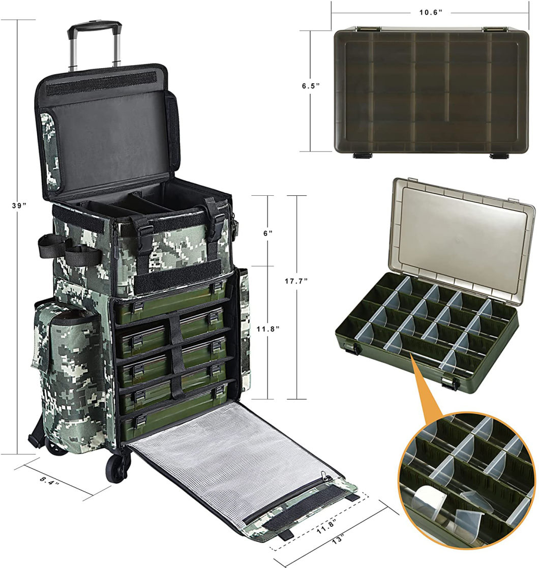 Rolling Fishing Tackle Bags with Rod Holder Backpack Removable Wheels and Fishing Cart Waterproof Fishing Organizer Pack with Rod Case Fishing Gear Bag