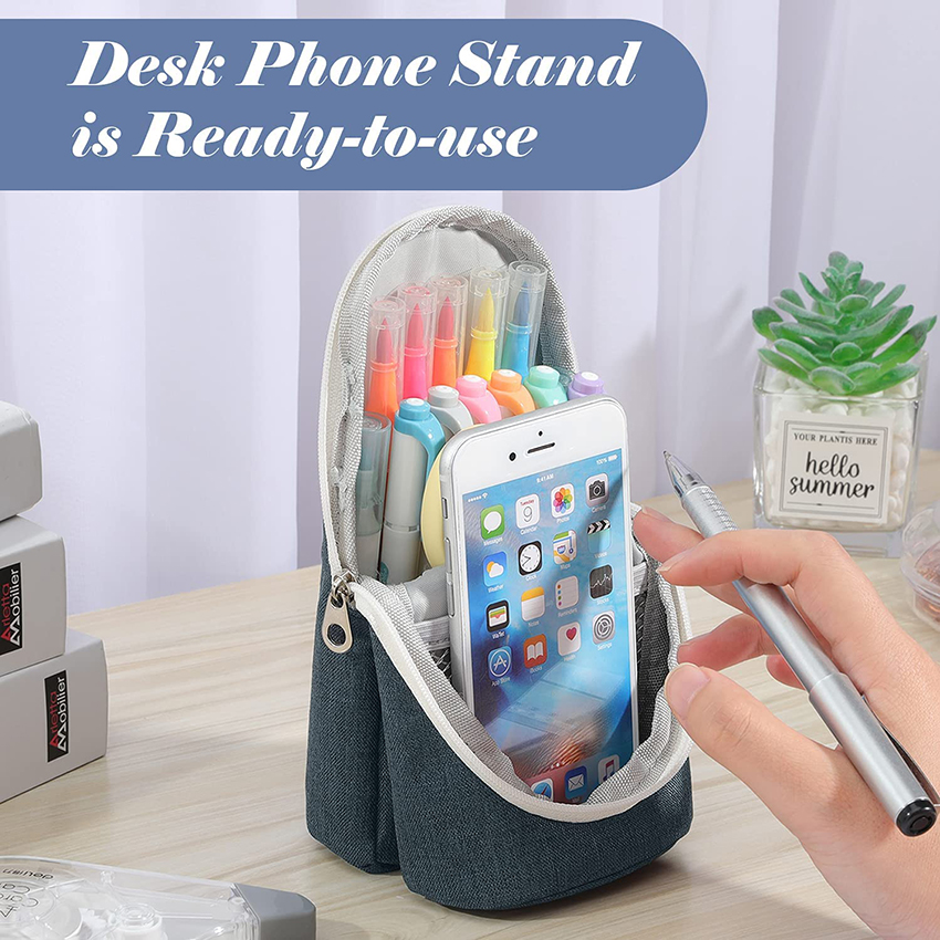 Spacious Pen Holder Polyester Stand Up Pencil Pouch Stationery Organizer with Zipper for School Office College Teen Student Pen Bag RJ21644