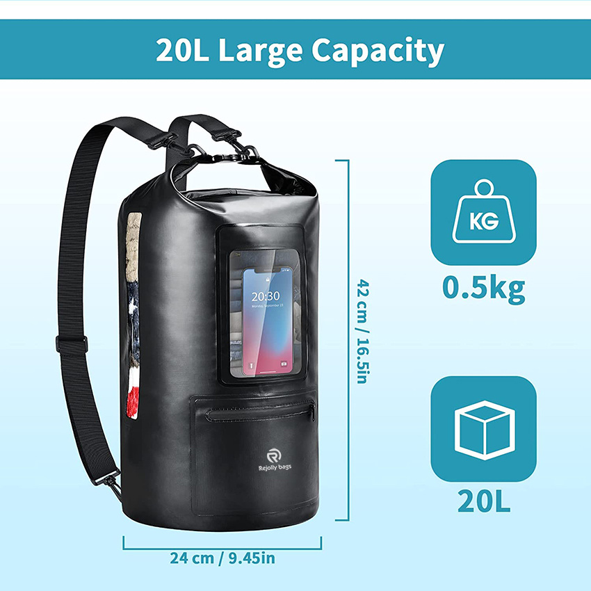 20L Dry Sack Waterproof Bag with Bottle Holder and Cell Phone Window Lightweight Dry Storage Bag