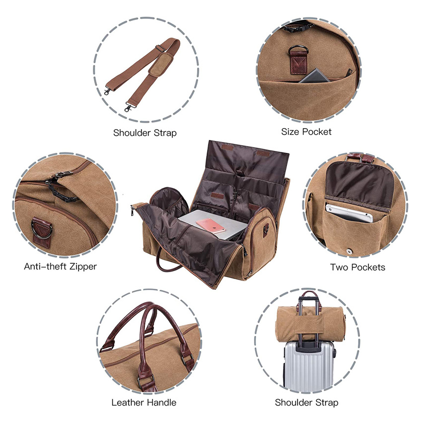 Brown Carry on Garment Bag Mens Suit Bag for Travel Business Large Canvas Duffel Bag