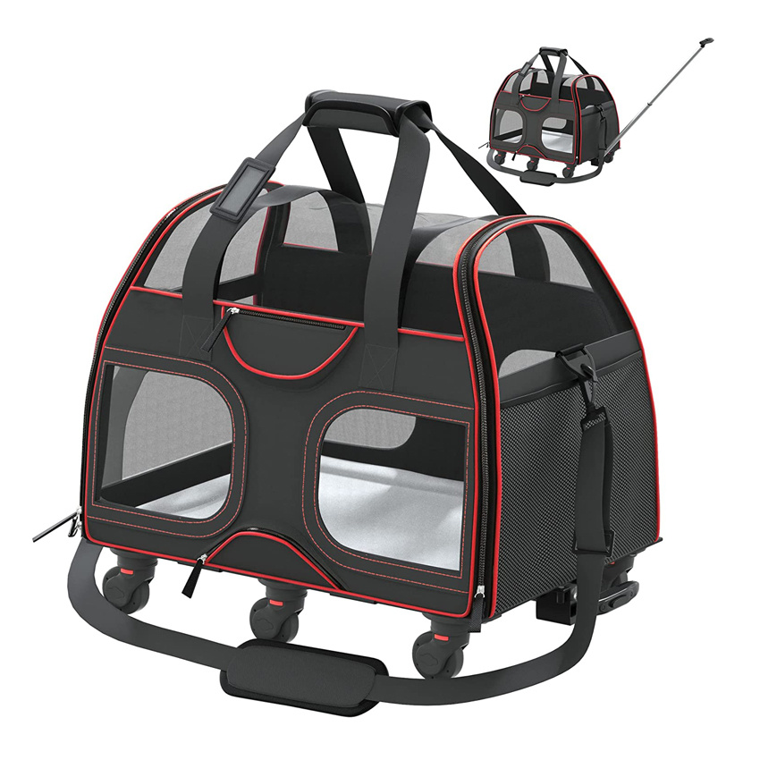 Pet Carrier with Removable Wheels Soft Sided Dog Cat Carrying Bag with Telescopic Walking Handle