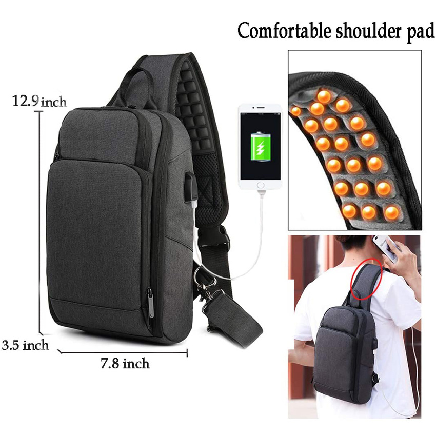 Sling Backpack Crossbody Shoulder Chest Pack Bag with USB Charging Travel Rucksack Sling Bag