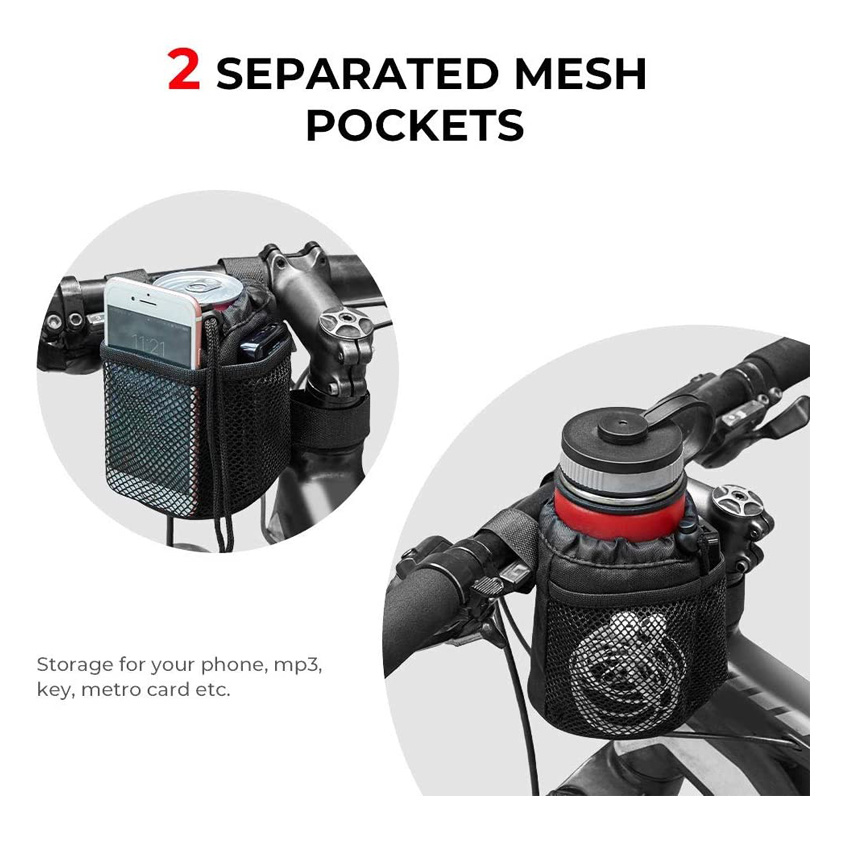 Bike Cup Holder Bicycle Water Bottle Holder Handlebar Drink Holder with Mesh Pockets Phone Bag