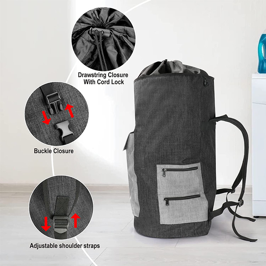 Extra Large Backpack with Drawstring Closure, Heavy Duty Backpack with 2 Pockets with Zipper for Travel, Laundromat, Apartment Laundry Bag