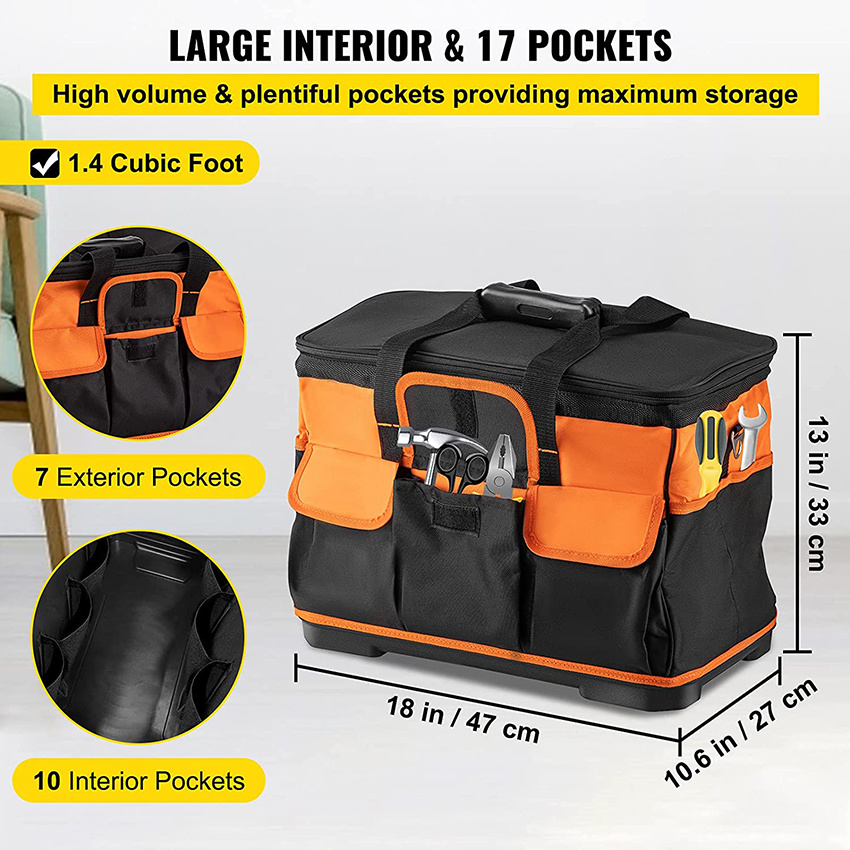 Rolling 18in Tool Bag with Wheels, 17 Pockets 110lb Load Capacity Telescoping Handle Tool Bag