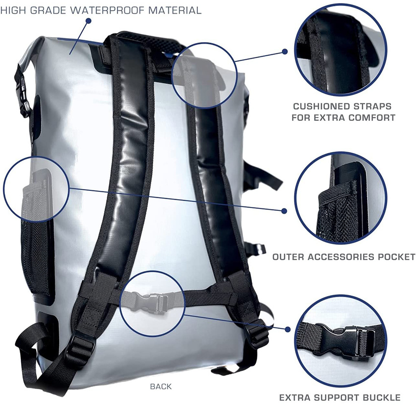 High Quality Heavy Duty Roll Down Top Closure. Splash-Proof Front Zipper Pocket Ultra-Comfort Cushion Back Straps Dry Bag