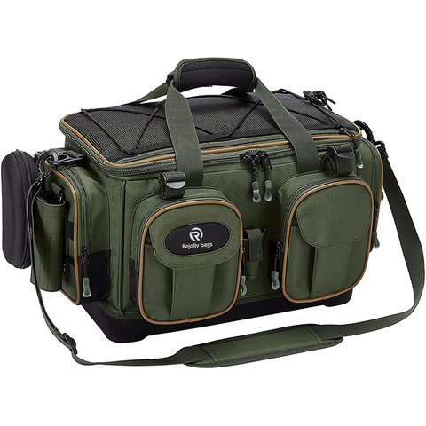 Fishing Tackle Shoulder Bag Water Resistant Lightweight Gear Storage Pack with Hard Molded Bottom Rain Cover Fishing Rod Bag