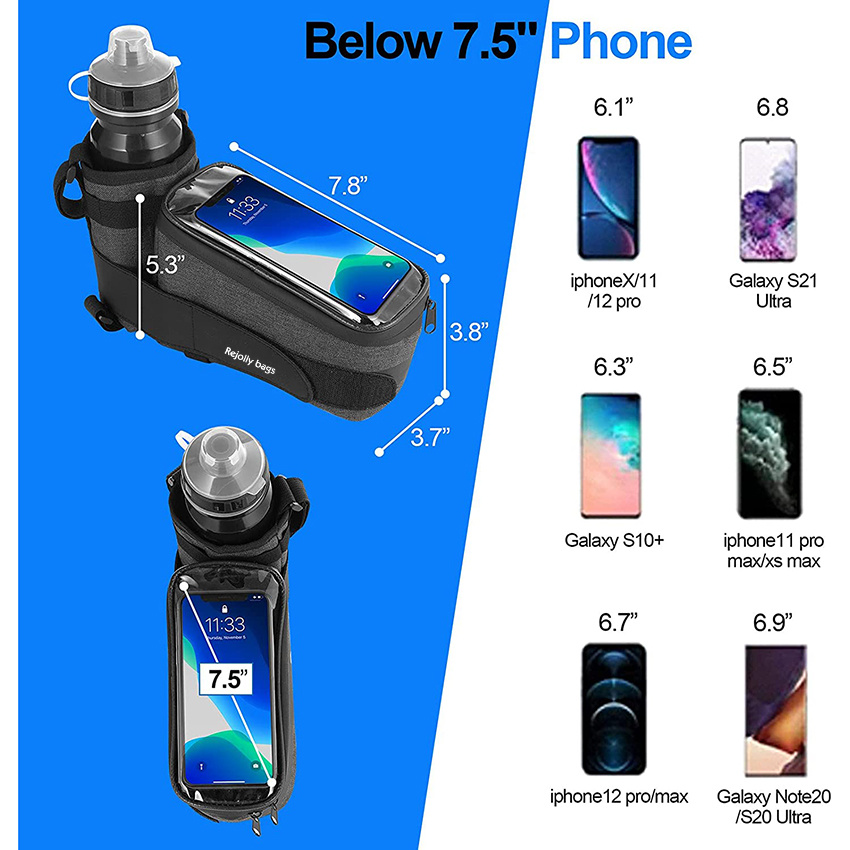 Bike Phone Front Frame Bag with Water Bottle Holder Removable Insulated Handlebar Bottle Cup Bag with Tighter Buckle Bicycle