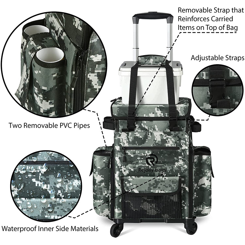 Rolling Fishing Tackle Bags with Rod Holder Backpack Removable Wheels and Fishing Cart Waterproof Fishing Organizer Pack with Rod Case Fishing Gear Bag