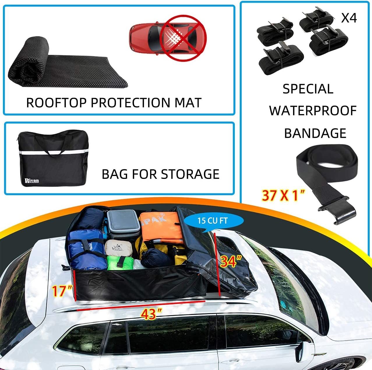 Carrier Bag with 100% Waterproof Zipper and Rain Flap 15 Cubic FT for Cars with or Without Racks Car Rooftop Cargo Bag