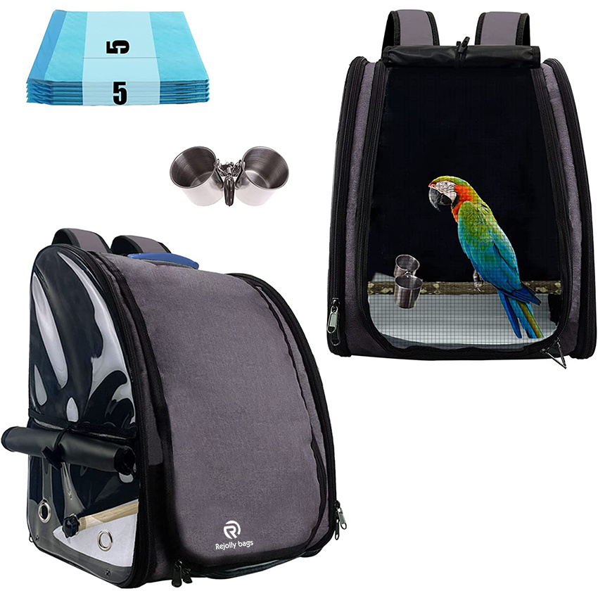 Bird Carrier Backpack Bag Travel Parrot Bag Cage with Portable Stand and Feeding Cans Waterproof Pads Breathable