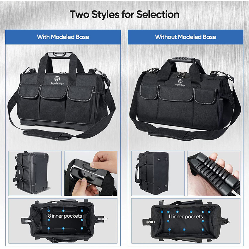 600d Oxford Tool Bag with Waterproof Soft Bottom, Multi-Pockets Wide Mouth Tool Tote with Safety Reflective Straps, Adjustable Shoulder Strap Tool Bag