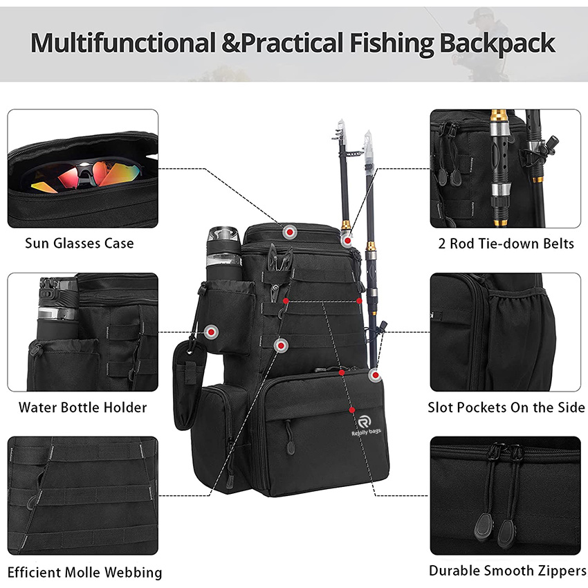 Outdoor Large Water-Resistant Fishing Backpack with Rod Holder for Trout Fishing Outdoor Sports Camping Hiking Fishing Tackle Bag