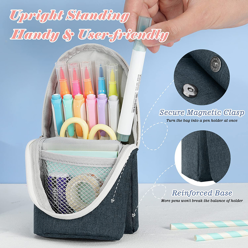 Spacious Pen Holder Polyester Stand Up Pencil Pouch Stationery Organizer with Zipper for School Office College Teen Student Pen Bag RJ21644