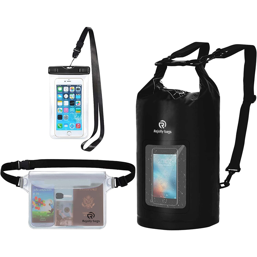 Roll Top Compression Waterproof Bag with Phone Dry Bag Case and Long Adjustable Shoulder Strap Included for Outdoor Water Sports, Boating, Hiking