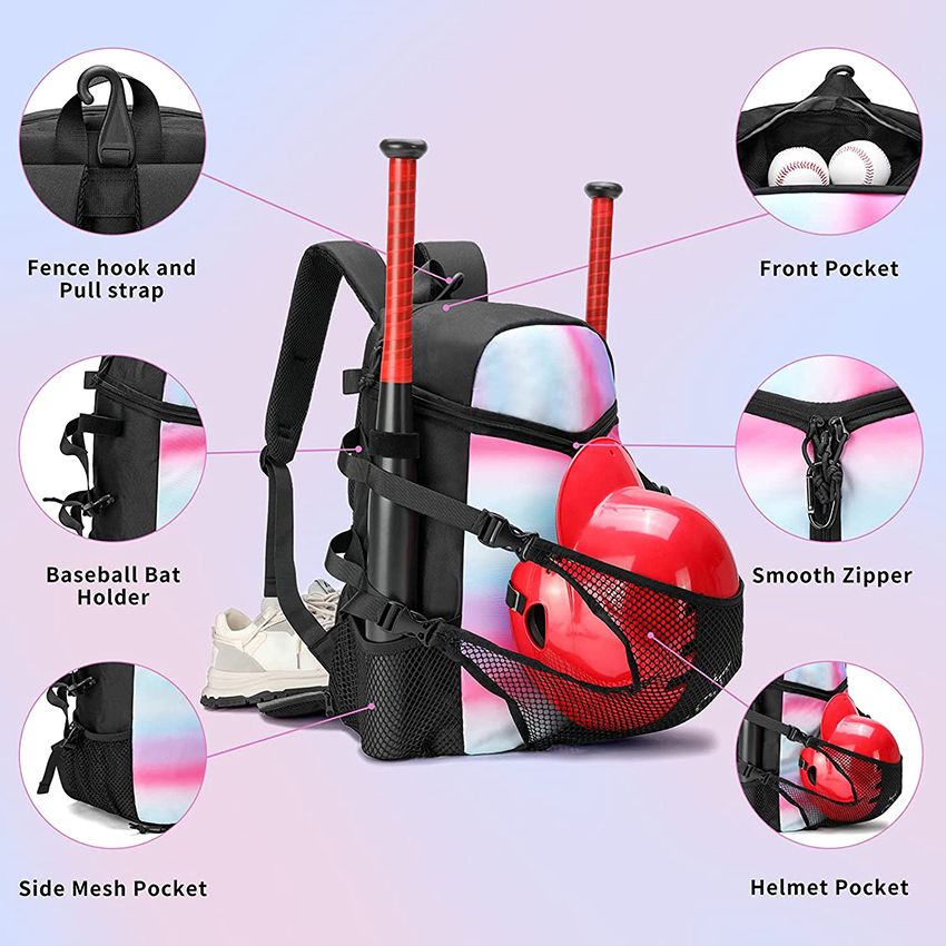 Youth Softball Bat Backpack with Shoes Compartment, Lightweight Baseball Equipment bag with Fence Hook Hold 2 Bats Baseball Bags RJ19675