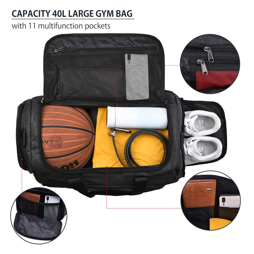 Versatile Usage Large Black Sports Bags Travel Duffel Bag with Shoes Compartment Weekend Bag