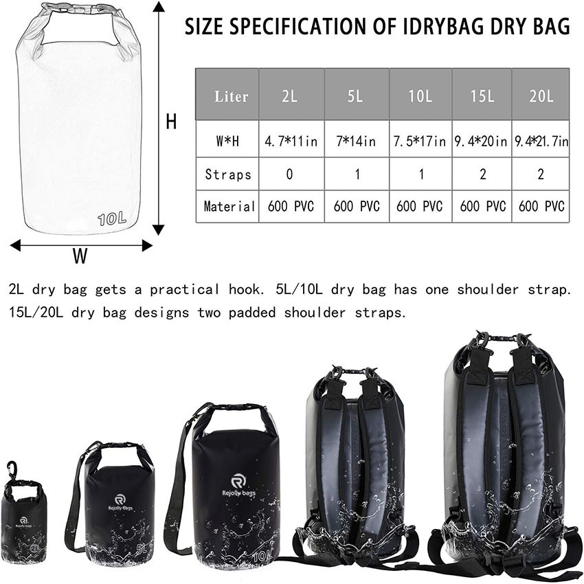 Dry Bag Waterproof Floating, PVC Waterproof Bag Roll Top, 15L Dry Bag Kayak Storage for Kayaking, Boating, Rafting, Swimming, Hiking, Camping, Travel, Beach Bag