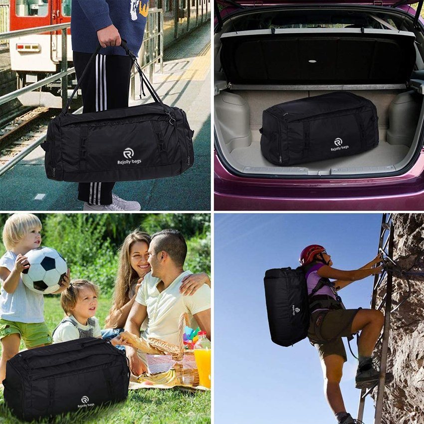 Travelling Foldable Carryon Black Duffel Bag with Shoes Compartment for Camping Touring Waterproof & Tear Resistant Weekender Duffel Bag