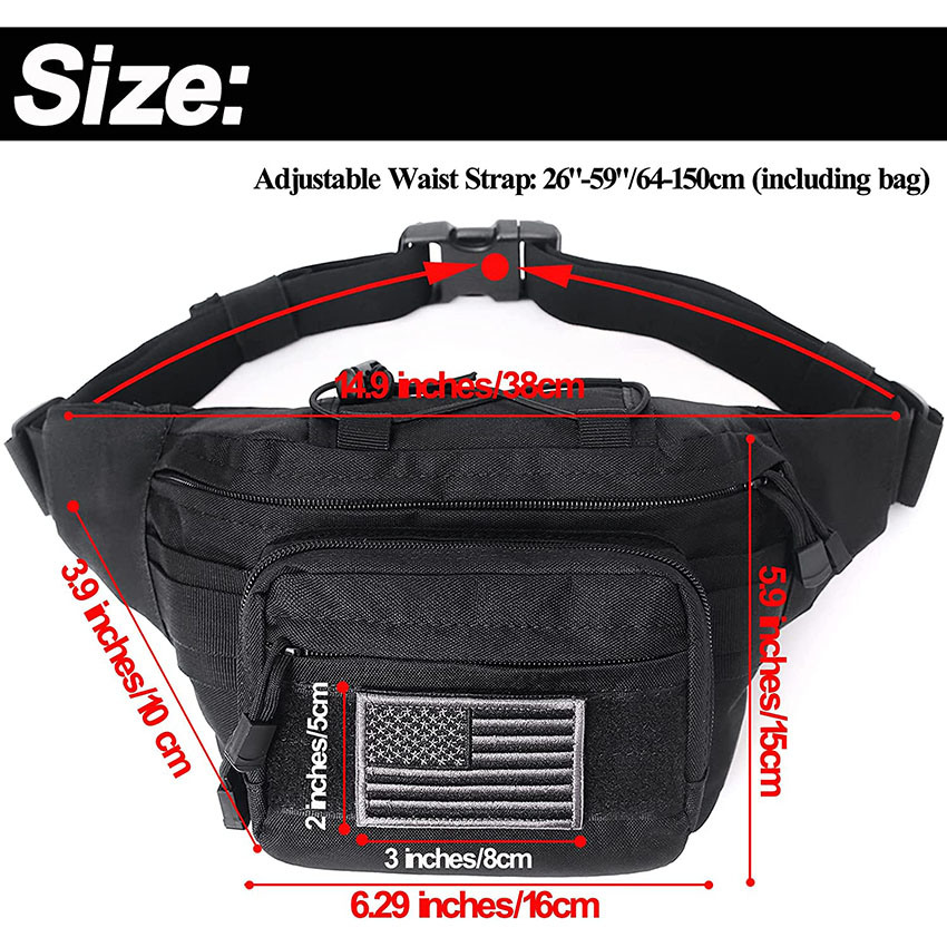 Military Style Tactical Fanny Pack, Waist Bag Hip Belt Bumbag Utility Bags for Outdoor Hiking Climbing Fishing with U. S Patch Bag