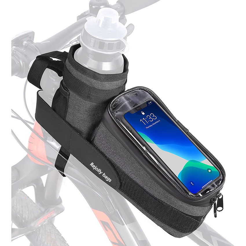 Bike Phone Front Frame Bag with Water Bottle Holder Removable Insulated Handlebar Bottle Cup Bag with Tighter Buckle Bicycle