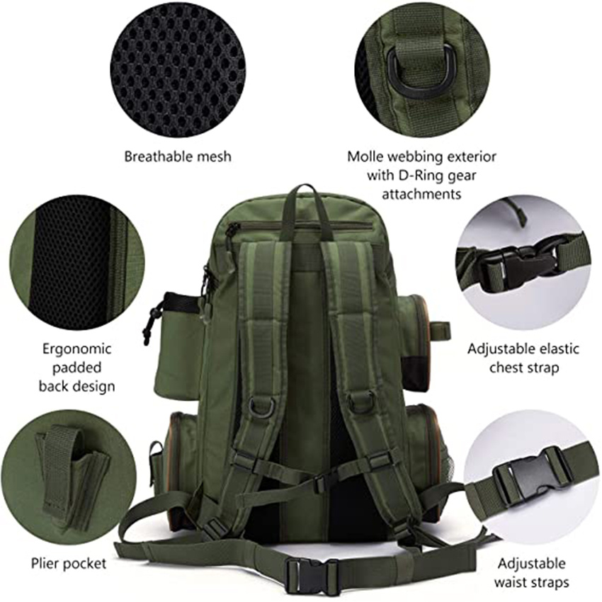 Fishing Tackle Backpack Water Resistant Lightweight Tactical Bag Soft Tackle Box with Rod Holder and Protective Rain Cover Fishing Rod Bags