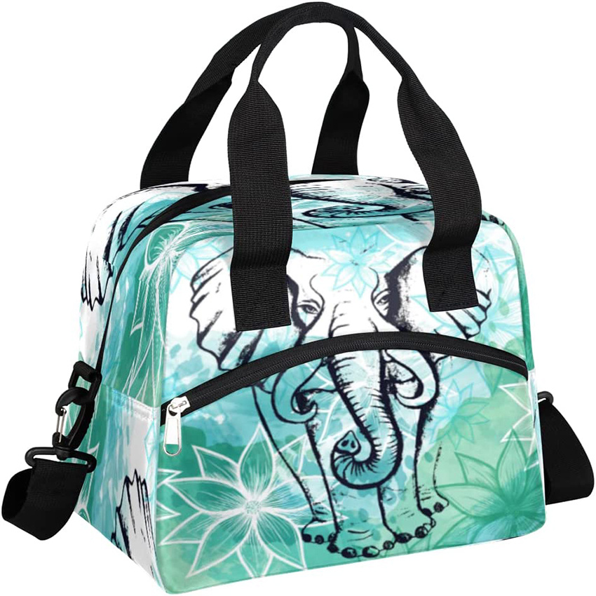 Elephant Flower Ethnic Insulated Lunch Bag for Women/Men Kids with Adjustable Removable Shoulder Strap Cooler Bag Reusable Tote Lunch Box for School Work Picnic