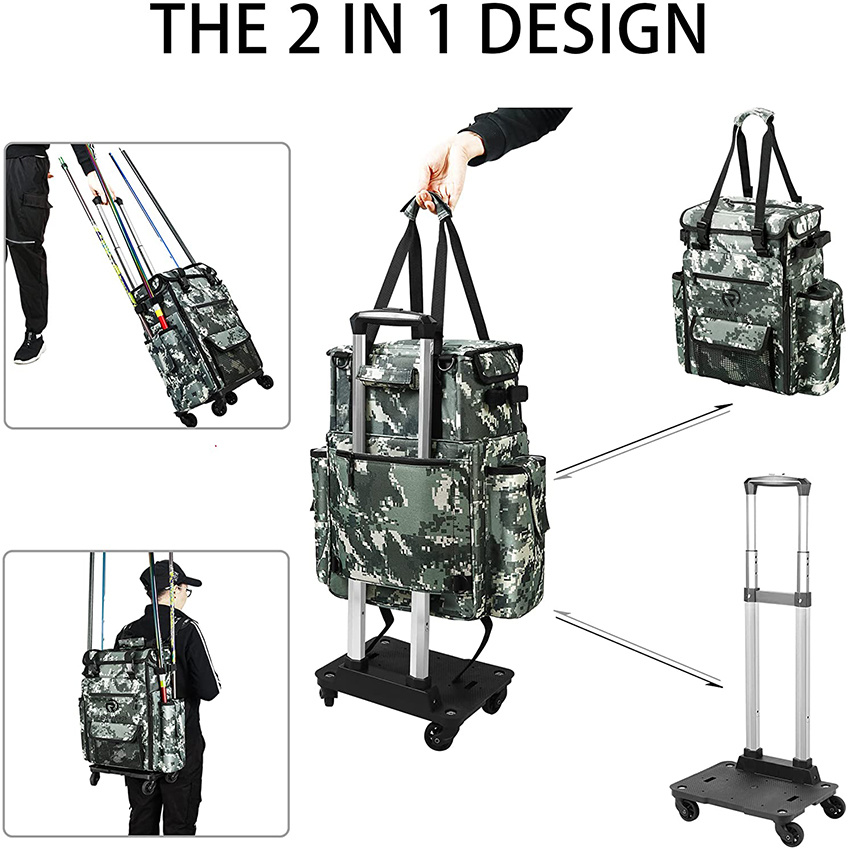 Rolling Fishing Tackle Bags with Rod Holder Backpack Removable Wheels and Fishing Cart Waterproof Fishing Organizer Pack with Rod Case Fishing Gear Bag