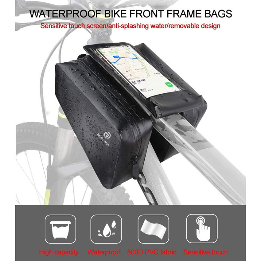 Bicycle Frame Bike Bag Waterproof Pack Double Pouch Mount Phone Bags Sealed Zipper Works Large Capacity Storage for Phones Under 7 Inches Bike Bag