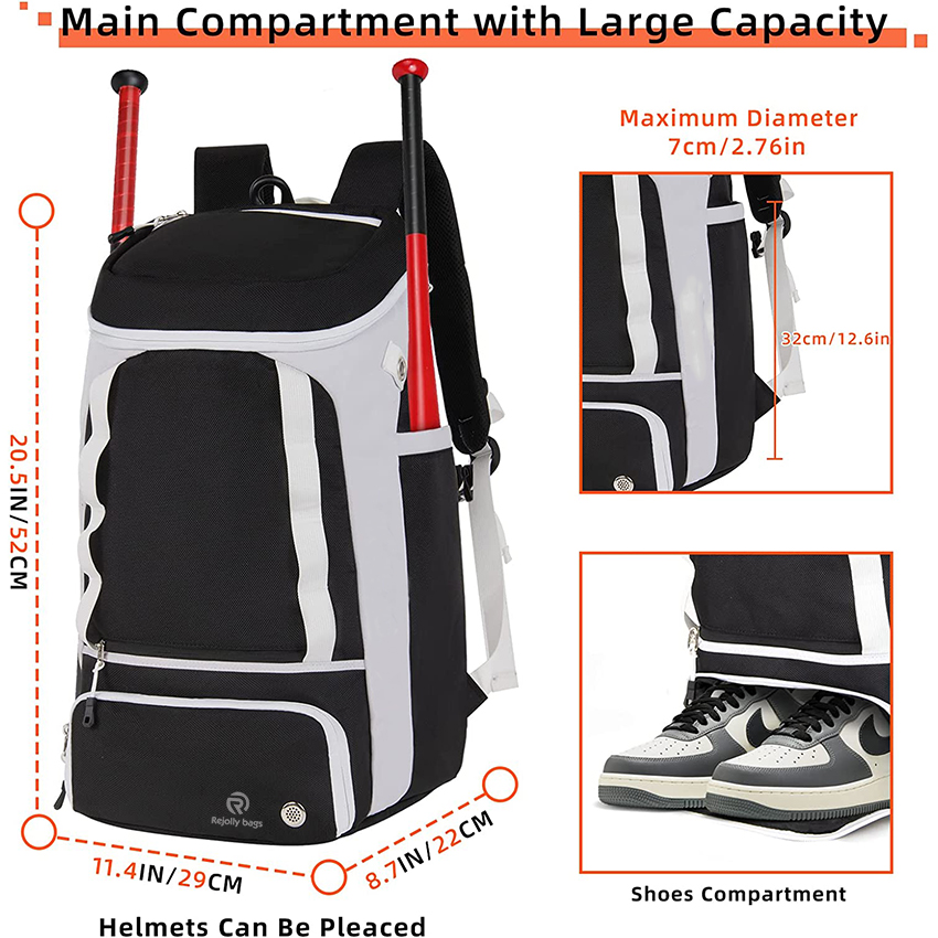 Large Capacity Softball Bag with Shoes Compartment, for Youth and Adult, Lightweight Baseball Equipment Bag with Fence Hook Holds Bat, Helmet Baseball Bags RJ19679