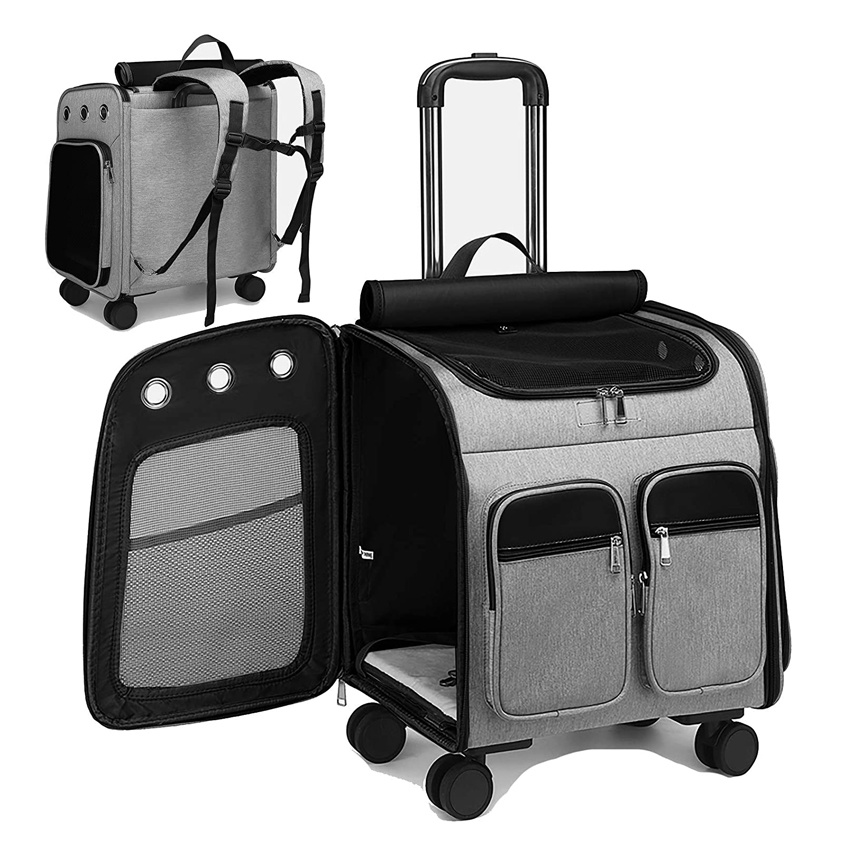 Storage Pockets Pet Travel Carrier Removable Rolling Pet Backpack for Dogs Cats