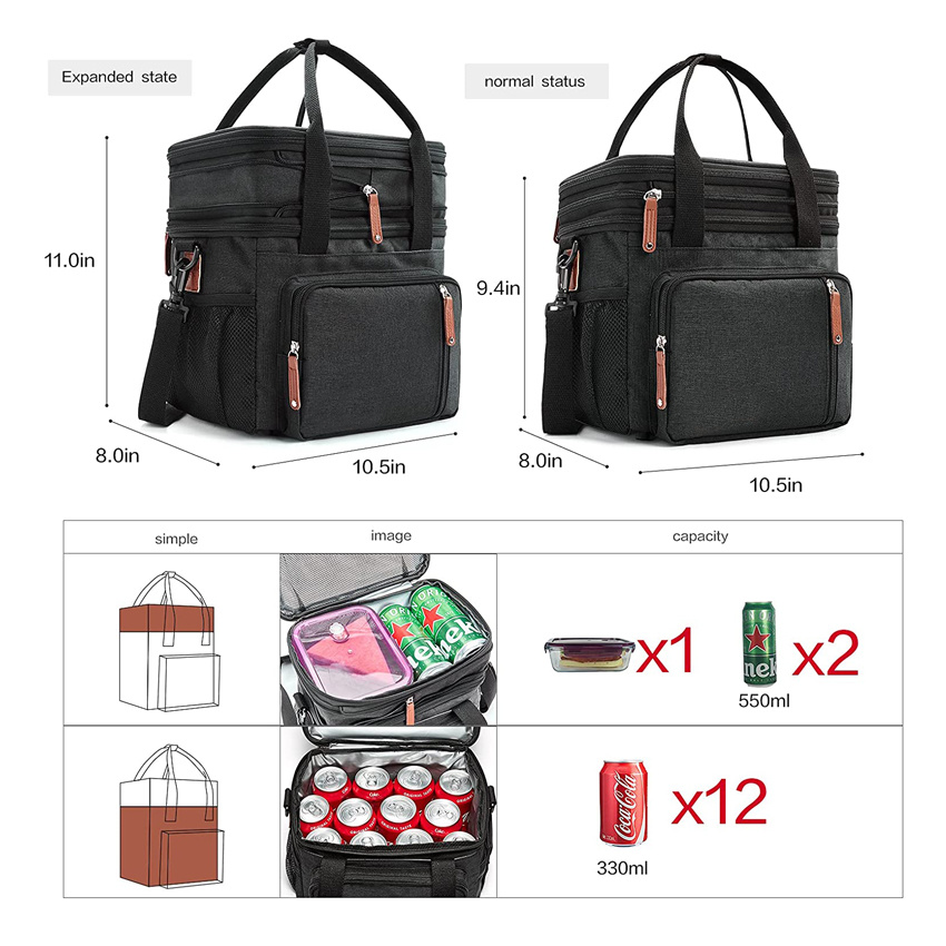Double Compartment Lunch Bag Insulated Ice Cooler Tote Bags Reusable Water-Resistant Food Bag