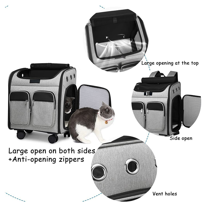 Storage Pockets Pet Travel Carrier Removable Rolling Pet Backpack for Dogs Cats