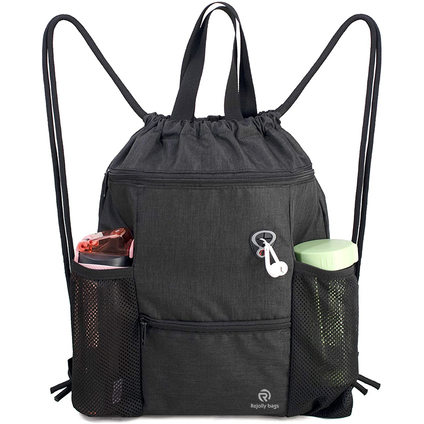 Drawstring Backpack Bag Large Gym Athletic Sackpack with Zipper Pockets and Mesh Water Bottle Holders for Teens Women and Men Sports String Cinch Bag