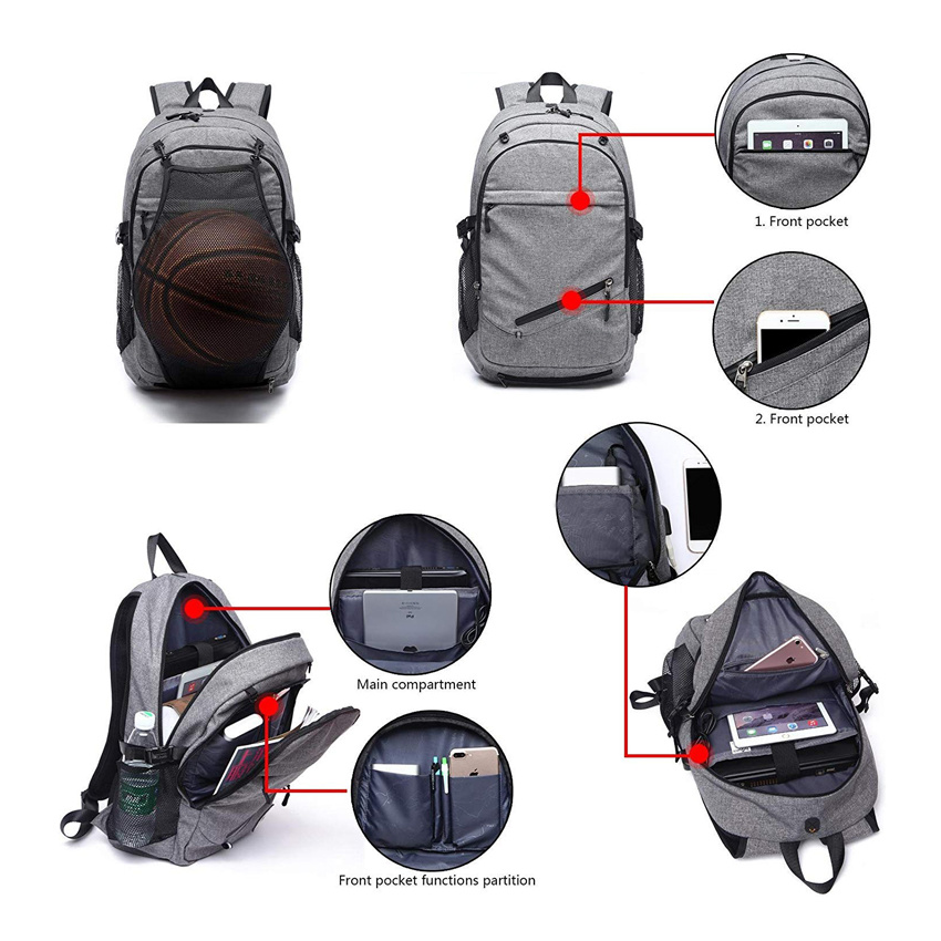 Basketball Backpack USB Charge Schoolbag Lightweight Daypack for Travel Hiking Cycling