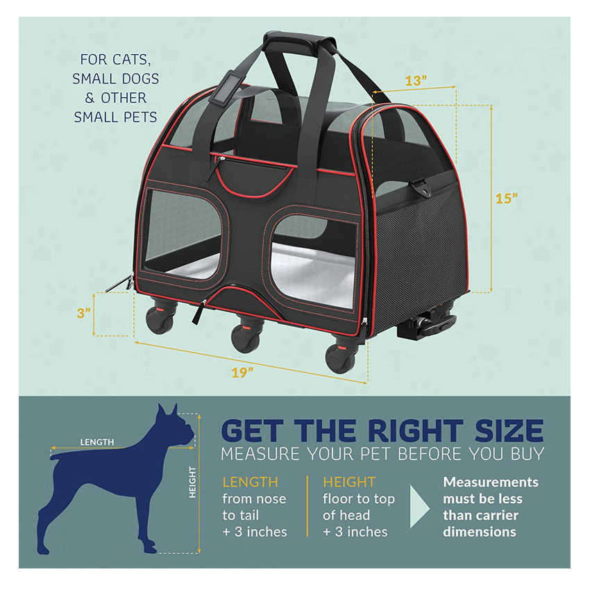 Pet Carrier with Removable Wheels Soft Sided Dog Cat Carrying Bag with Telescopic Walking Handle