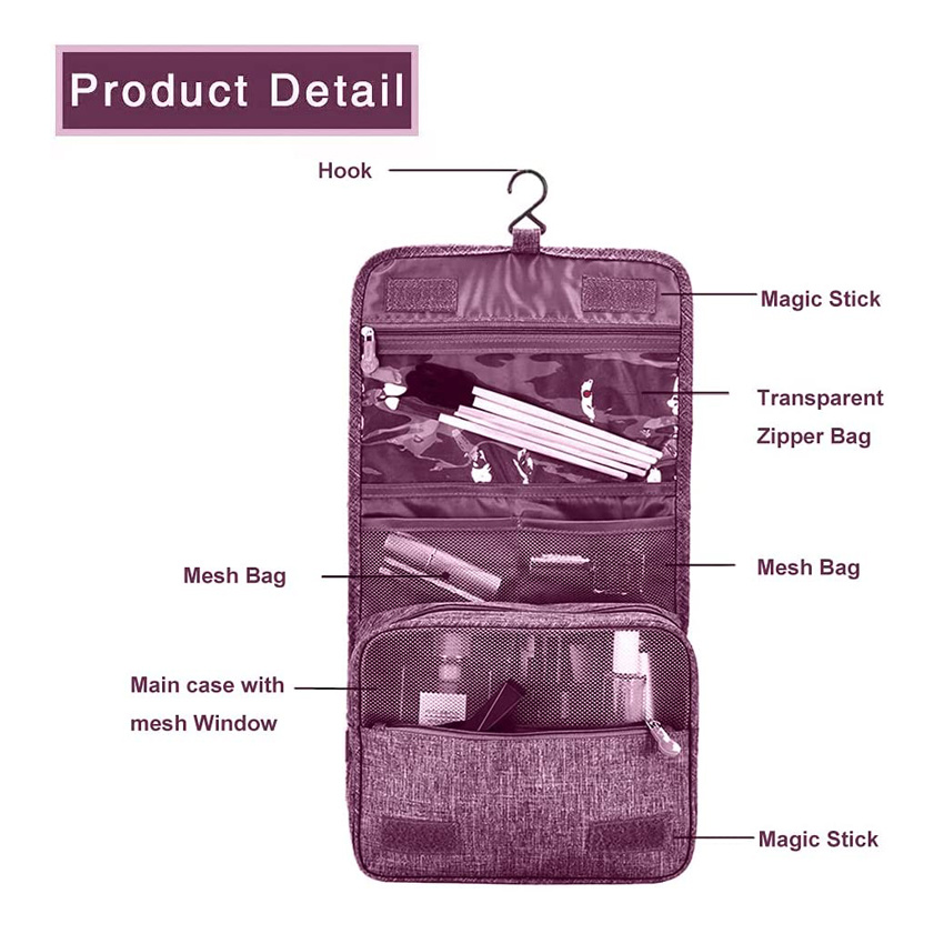 Travel Cosmetic Storage Portable Toiletry Bag with Hanging Hook Durable Folding Makeup Bag