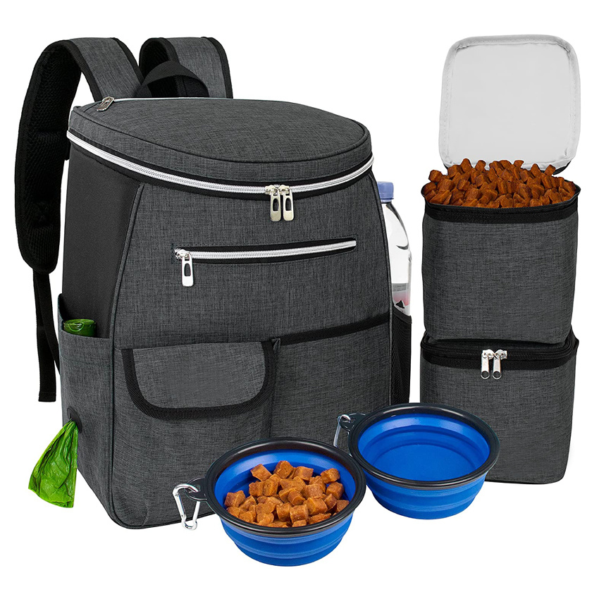 Dog Travel Bag Backpack with Poop Bag Dispenser Multi-Function Pocket Food Container Bag