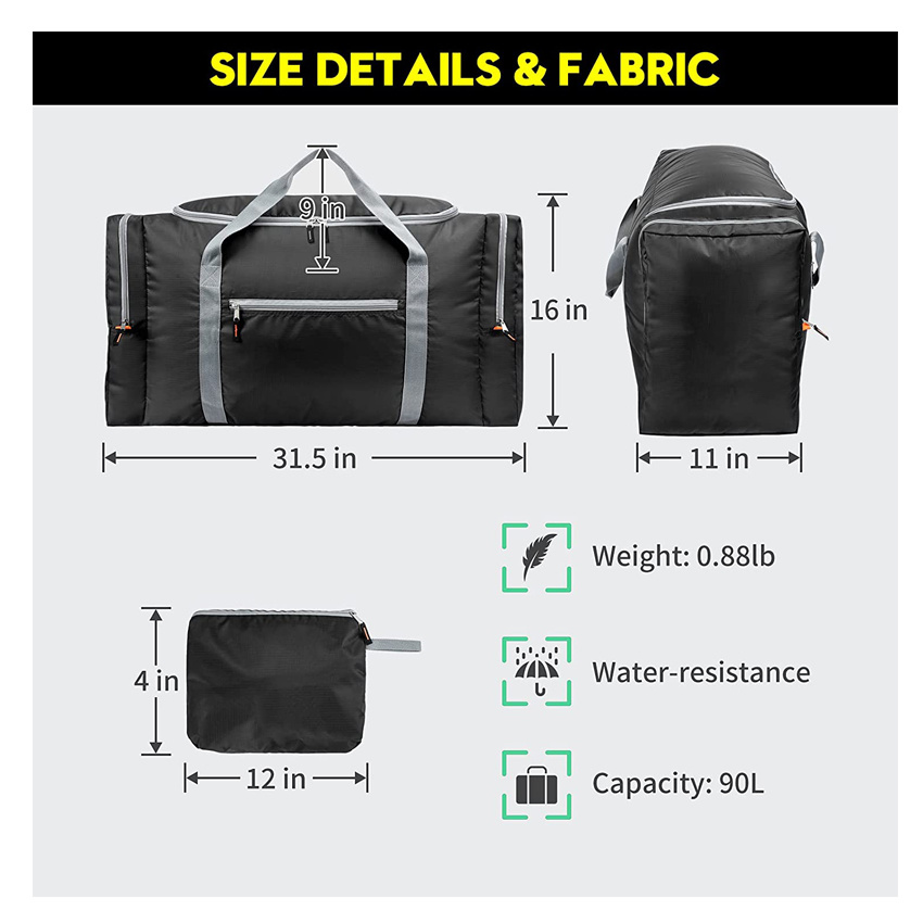 Foldable Travel Duffel Bags for Men Large Lightweight Water-Resistant Black Tote Bag