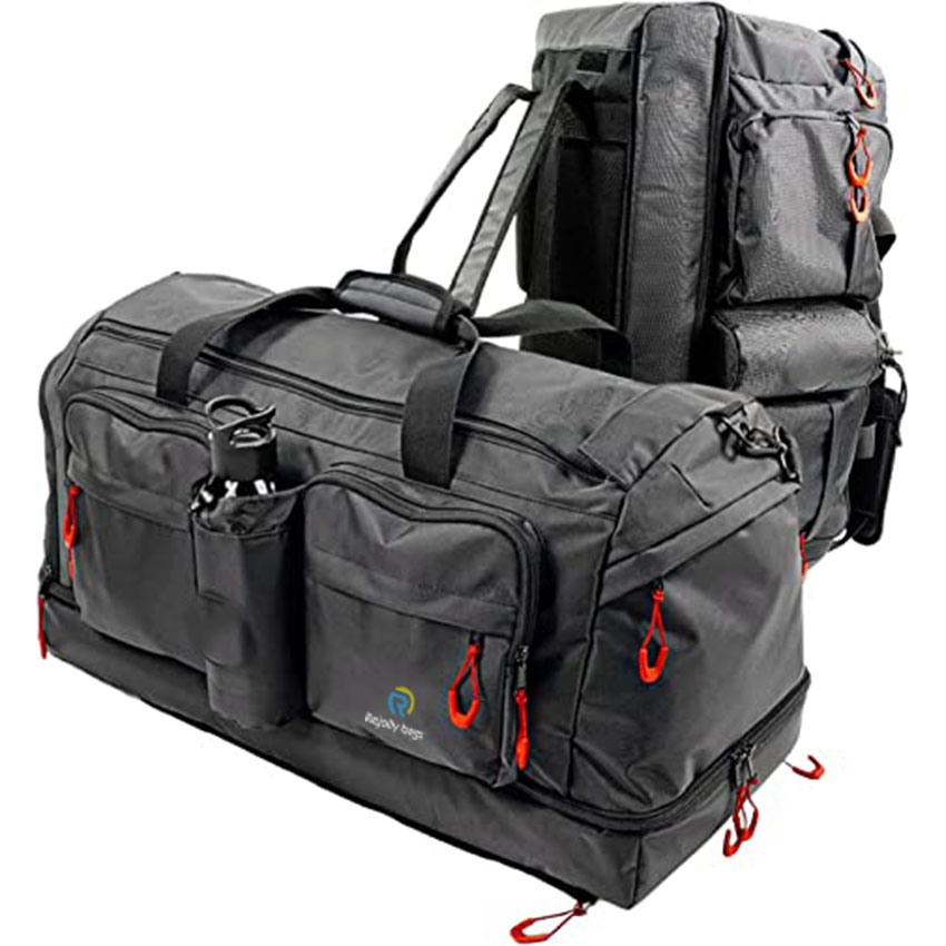 Large Black Duffle with 7 Pockets and Separate Bottom Section for Outdoor Travel Bag