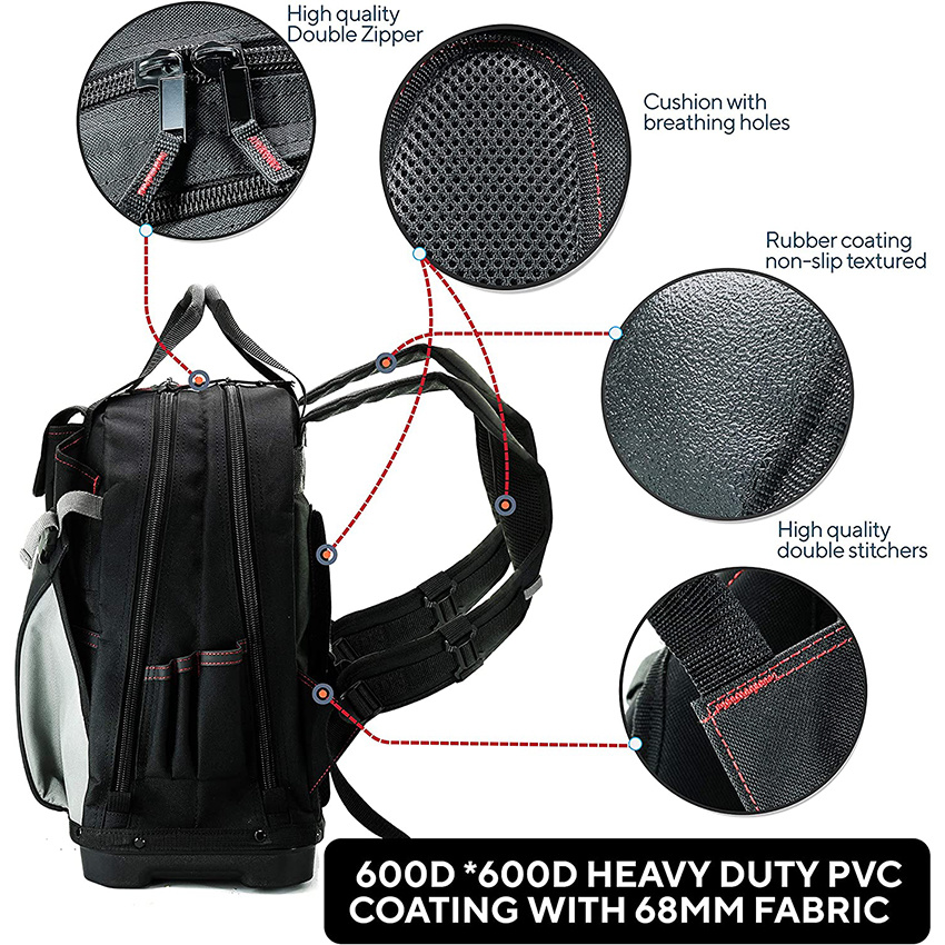 Heavy Duty Tool Bag Backpack Reinforced Bottom Waterproof PVC Coated Fabric Multiple Storage Compartments