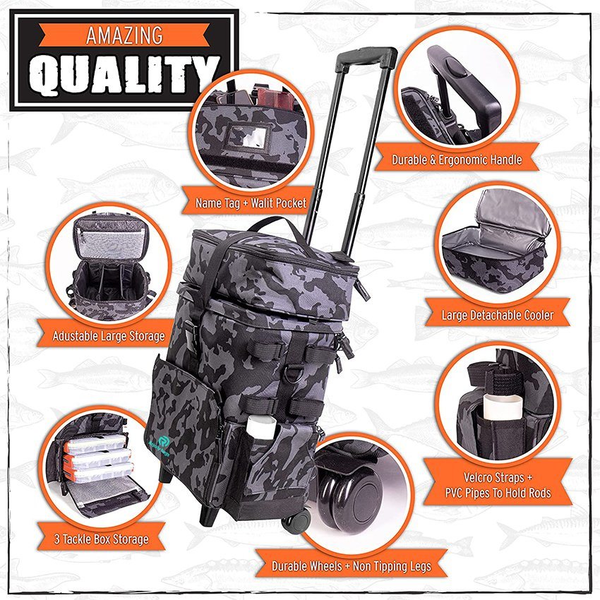 Large Fishing Tackle Bag and Fishing Gear with 4 Fishing Rod Holders, Detachable Handles and Strap Fishing Rod Bags