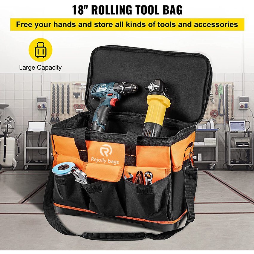 Rolling 18in Tool Bag with Wheels, 17 Pockets 110lb Load Capacity Telescoping Handle Tool Bag