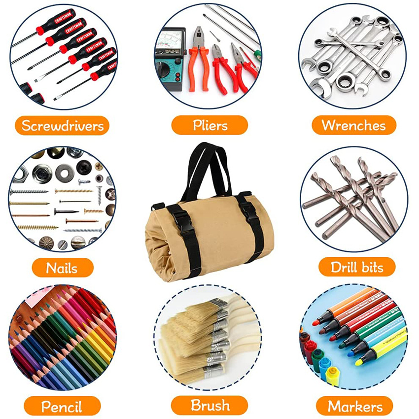 Water Resistant Tool Roll Bag with 2 Wrap Straps, Heavy Duty Roll up Tool Bag with 5 Pockets, Canvas Roll up Tool Bag