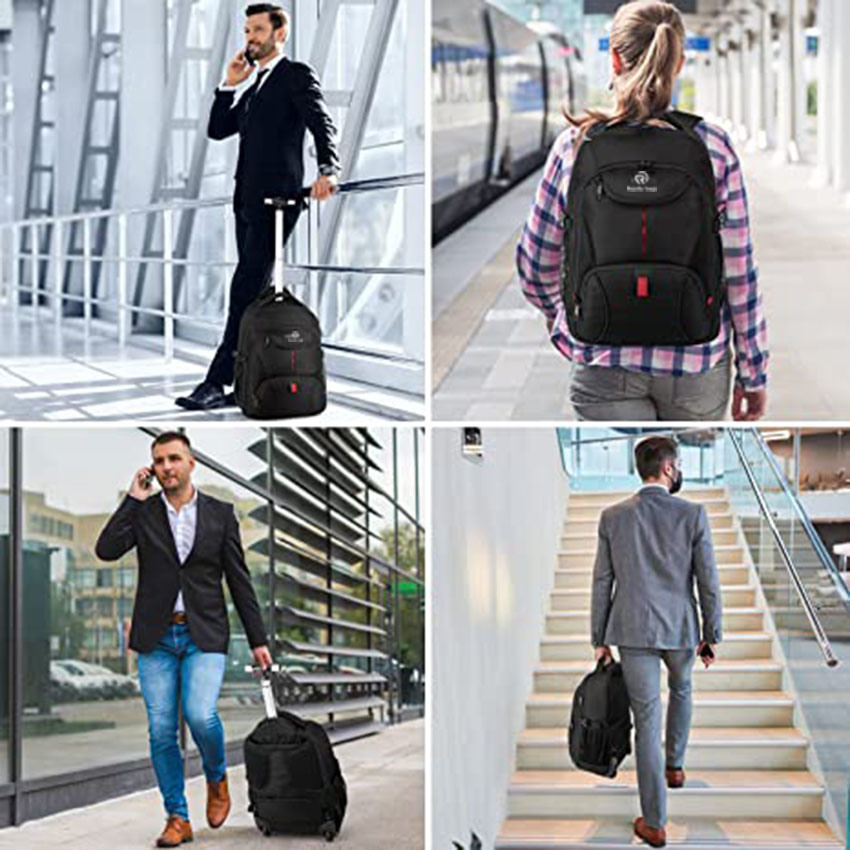 Large Carry on Backpack with Wheels with 3 Main Pockets and 9 Inner Small Pockets for Business Rolling Bag