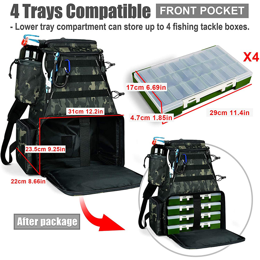 Fishing Tackle Backpack 2 Fishing Rod Holders with 4 Tackle Boxes, Large Storage, Backpack for Trout Fishing Outdoor Sports Camping Hiking Fishing Rod Bags