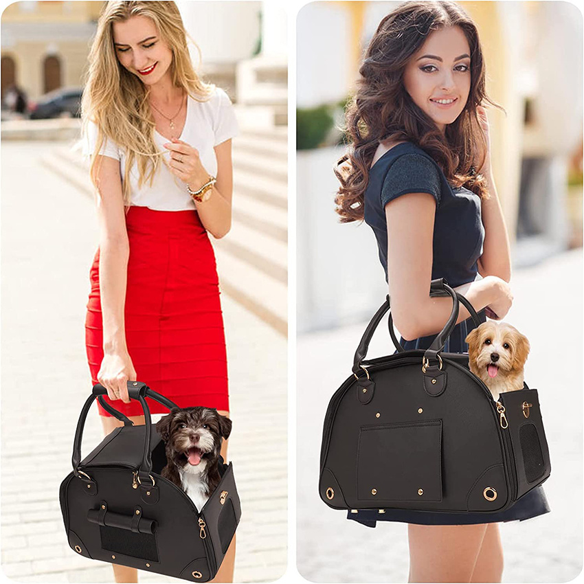 Dog Cat Pet Carrier Foldable Premium PU Leather Purse Portable Tote Bag