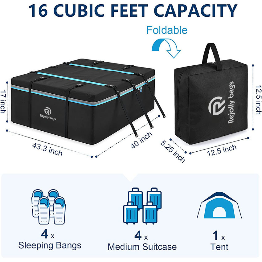 16 Cubic Feet Waterproof Rooftop Cargo Bag Luggage Storage Carrier for All Cars with/Without Rack, with Anti-Slip Mat, 8 Reinforced Straps, 8 Door Hooks Bag